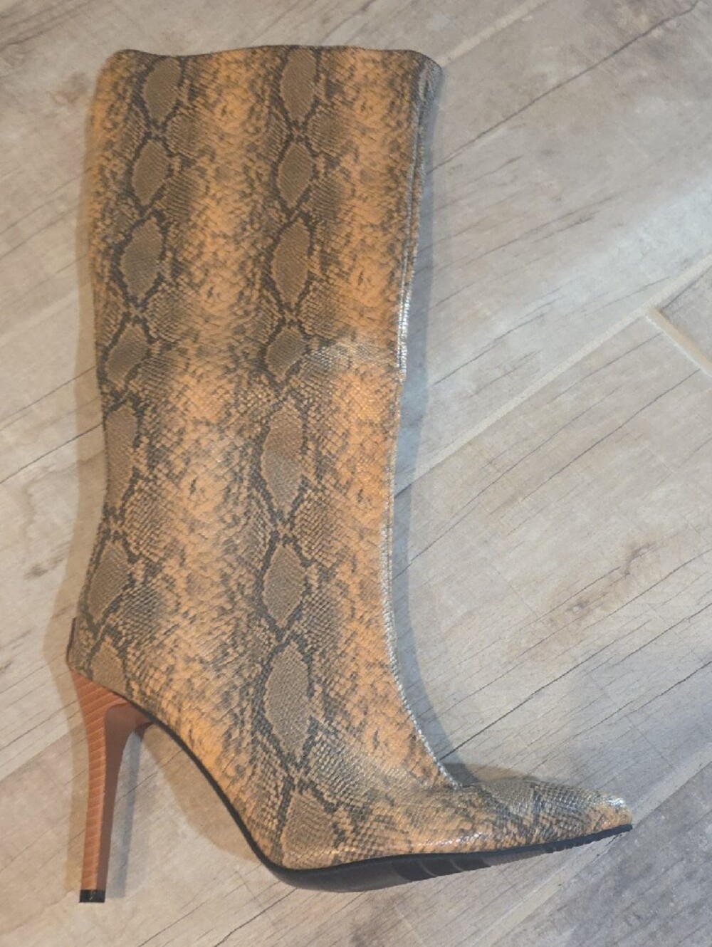 Snake-Print Mid-Calf Stiletto Boots in Brown - Picture 4 of 8